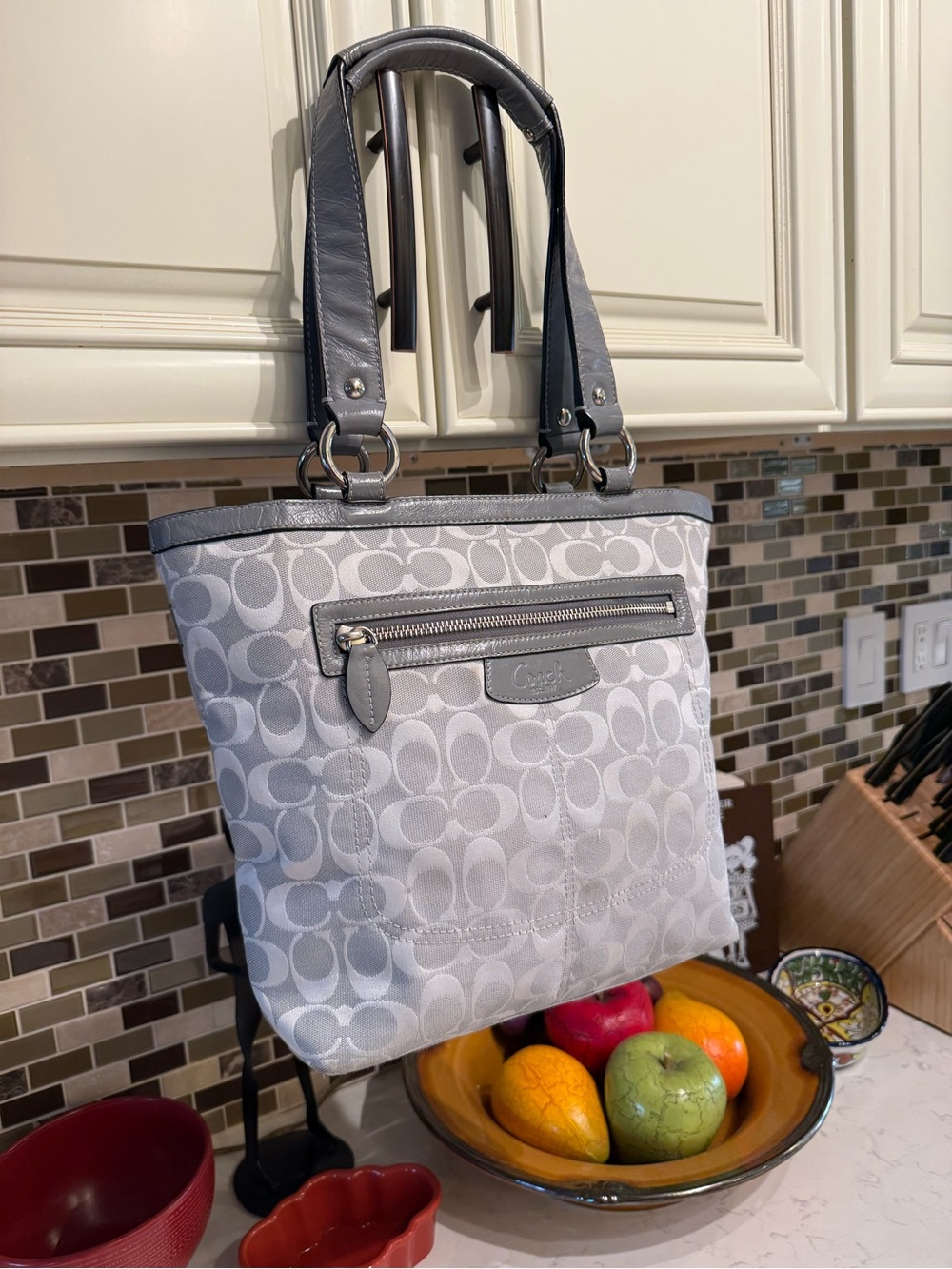 Coach Gray Signature Canvas Tote with Leather Trim